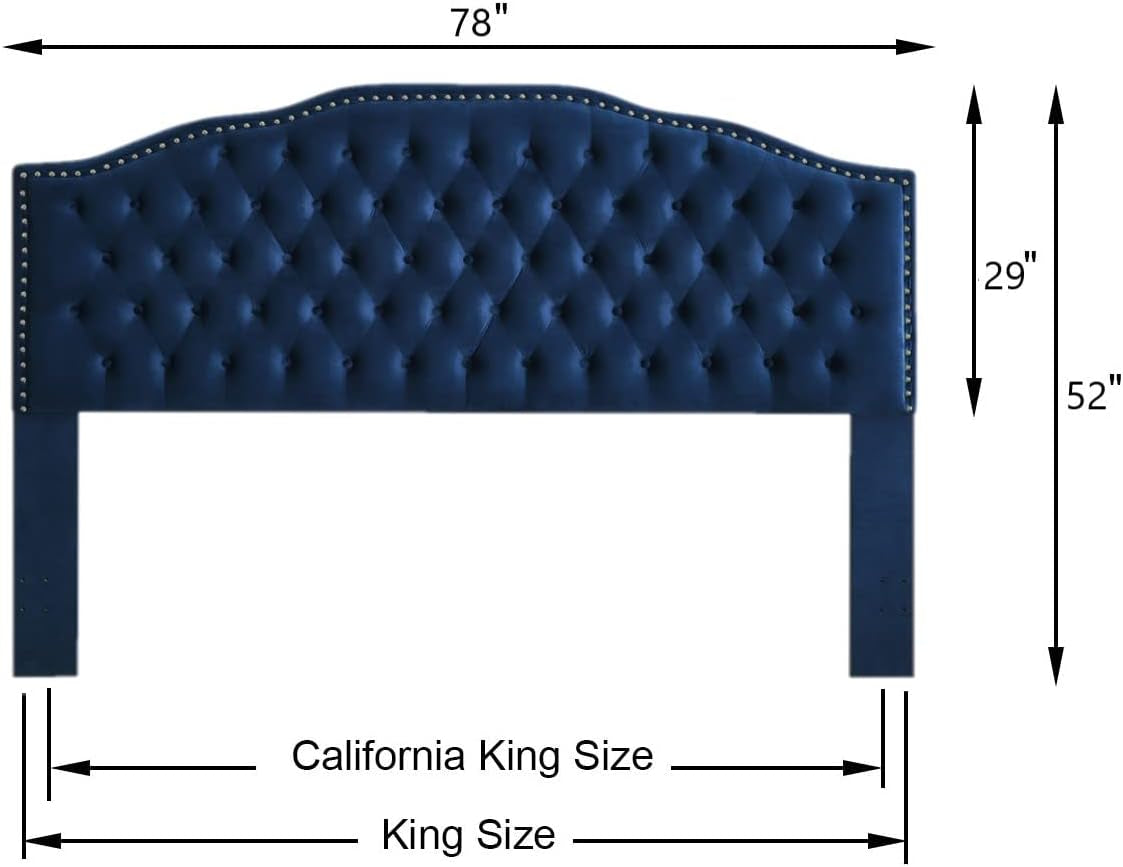 Upholstered Button Tufted King Headboard with Nailhead Trim, Soft Velvet Fabric Headboard King/Ca King - Navy