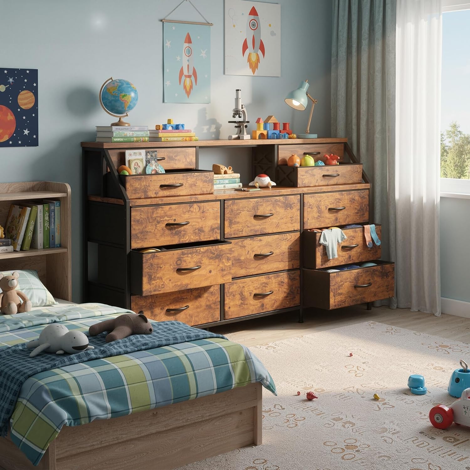 55" W Dresser for Bedroom with Deep Fabric Drawers, Long Chests of Drawers with 2 Open Wooden Shelves, Large Vanity Dressers for Dorm, Entryway, Rustic Brown, 55.1" W X 35.4" H X 11.4" D