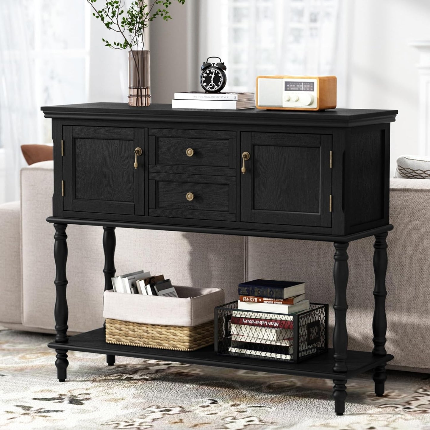 Console Table with 2 Drawers, Retro Entryway Table with 2 Door Cabinets and Open Storage Shelf, Narrow Long behind Couch Sofa Table for Living Room, Foyer, Hallway, Black