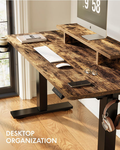 Standing Desk with Monitor Stand, 55 X 24 Inches One-Piece Electric Height Adjustable Computer Desk with Cup Holder, Home Office Desks (Black Frame+ Rustic Top)