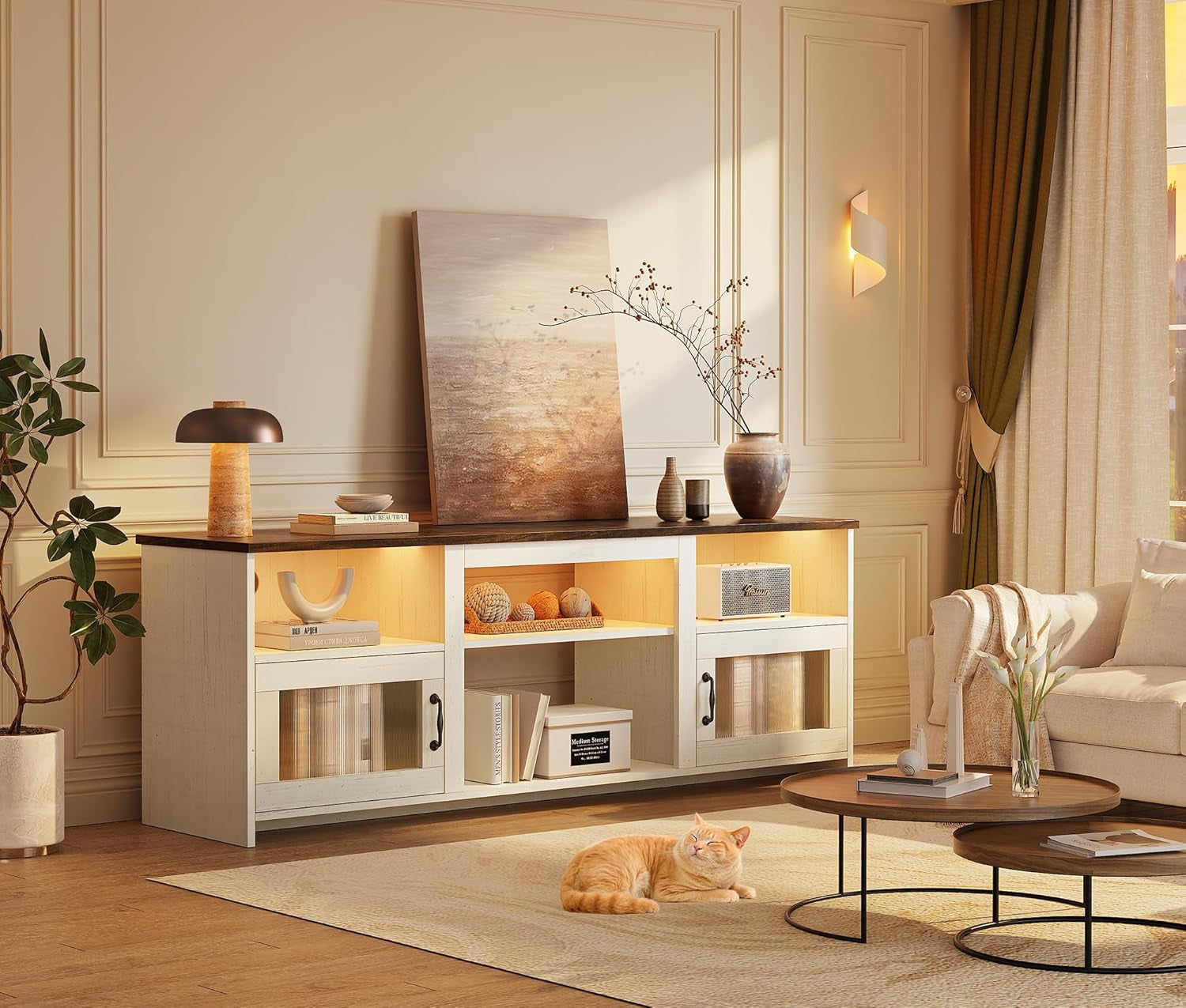 TV Stand for 60 Inch TV, TV Console Cabinet with Power Outlets and LED Lights, 54 Inch Entertainment Center, 2 Acrylic Cabinets, 4 Cable Holes, Open Shelves, for Living Room, Distressed White