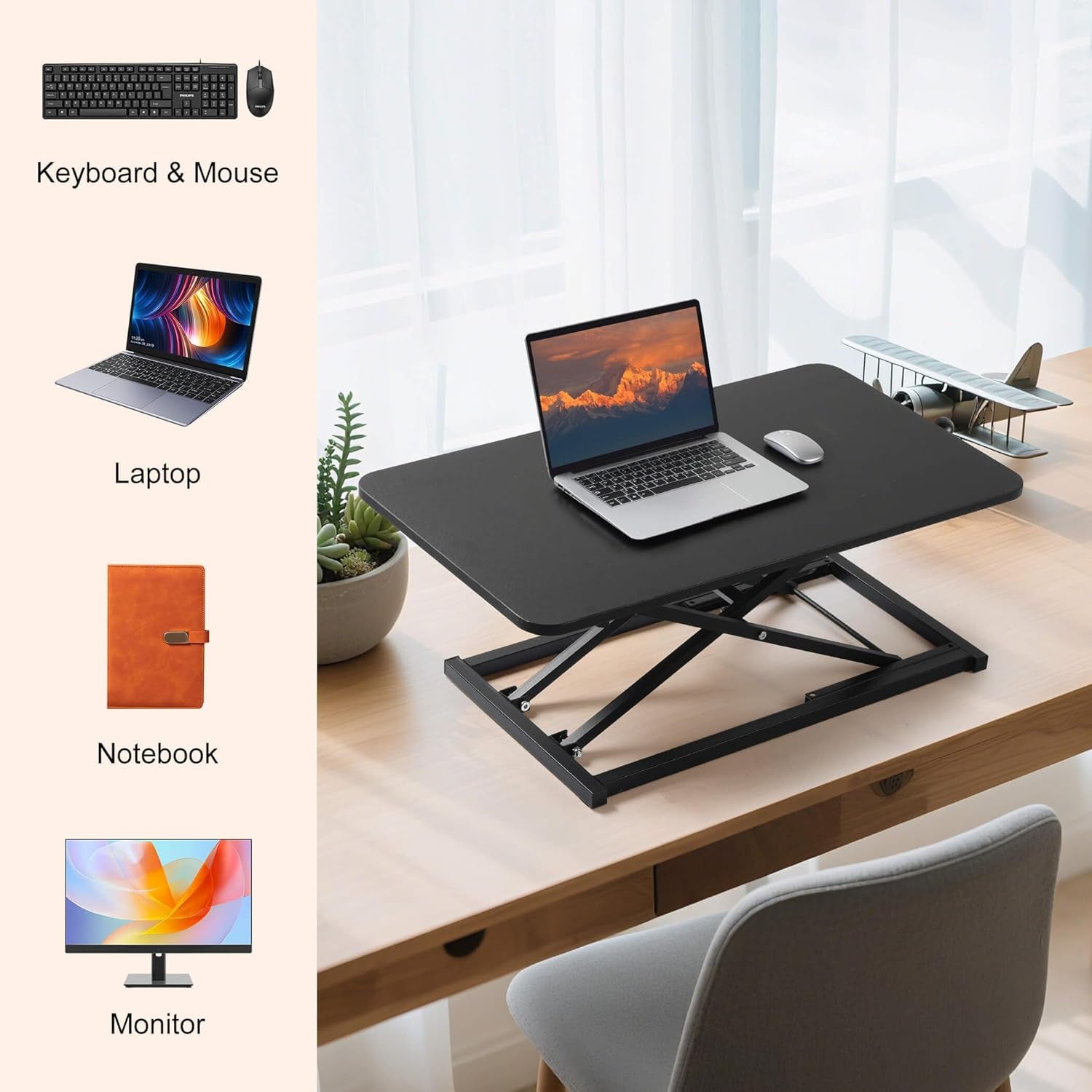 Standing Desk Converter Adjustable Height,Keyboard Riser for Stand up Desk Riser,Computer Keyboard Stand for Desktop,Ergonomic Sit Stand Computer Workstations Black Size 23.6 Inch