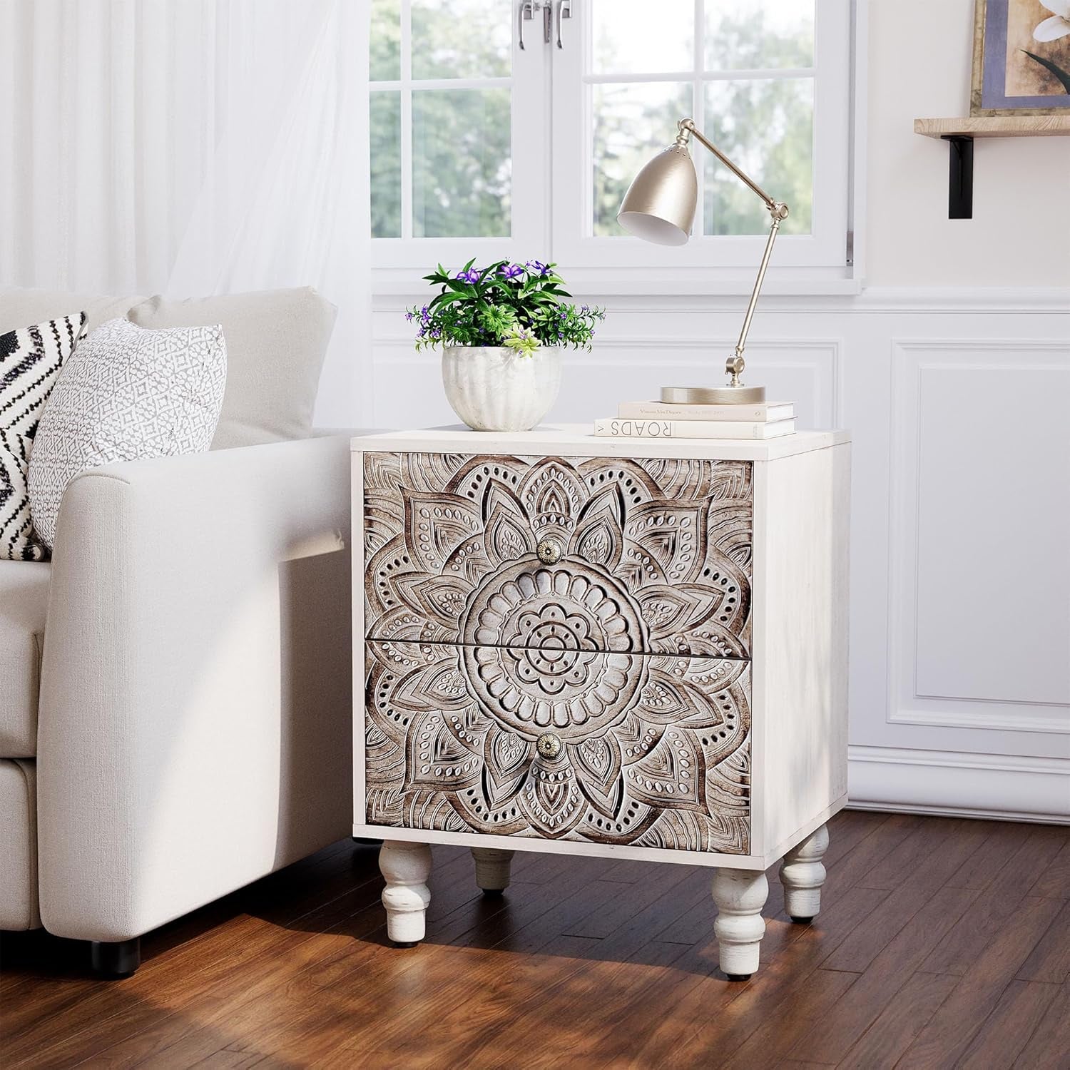 White Nightstands Set 2, Vintage Nightstands with 2 Drawers, Farmhouse Bedside Tables Set of 2, Easy to Assemble End Tables with Lotus Pattern for Small Spaces, Bedroom, Guest Room, White