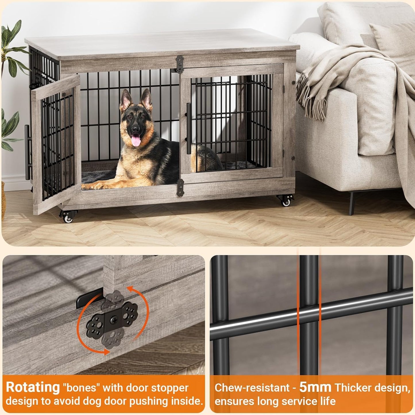 Large Dog Crate Furniture, 38'' Wooden Dog Crate End Table, Double Door Dog Kennel Indoor with Cushion & Wheels, Decorative Dog Cage House Chew-Resistant for Large/Medium, Grey
