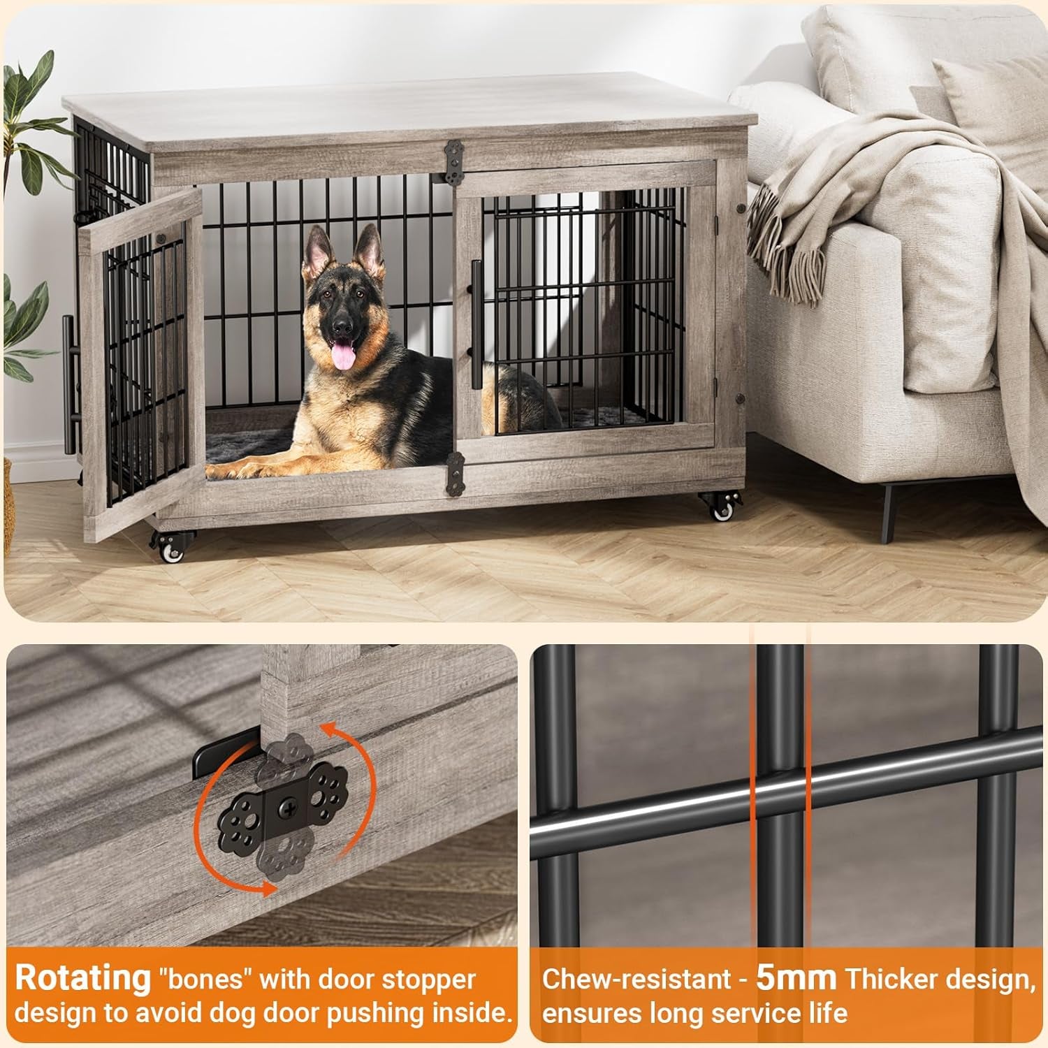 Large Dog Crate Furniture, 38'' Wooden Dog Crate End Table, Double Door Dog Kennel Indoor with Cushion & Wheels, Decorative Dog Cage House Chew-Resistant for Large/Medium, Grey