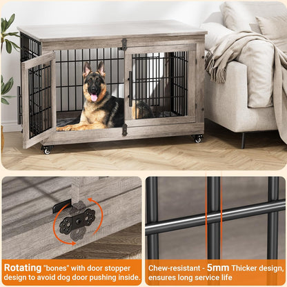 Large Dog Crate Furniture, 38'' Wooden Dog Crate End Table, Double Door Dog Kennel Indoor with Cushion & Wheels, Decorative Dog Cage House Chew-Resistant for Large/Medium, Grey