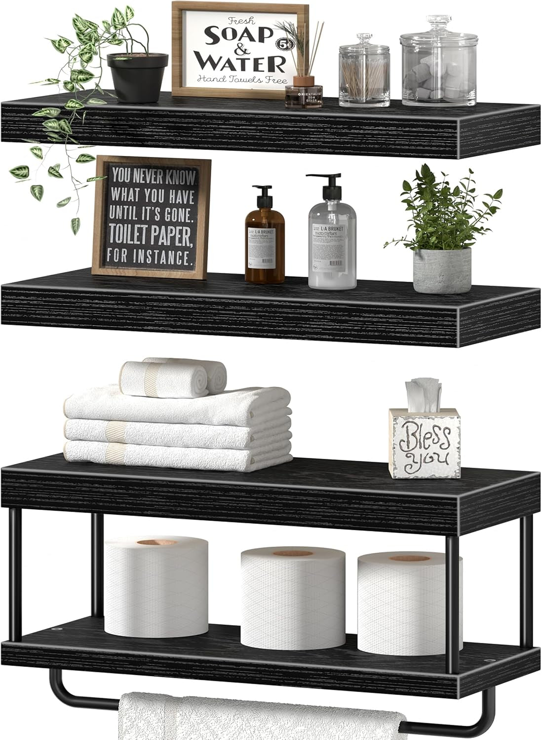 Bathroom Floating Shelves over Toilet - Wall Mounted Shelf Toilet Paper Storage Farmhouse 16 Inch Set of 3, Black (027-40B3)
