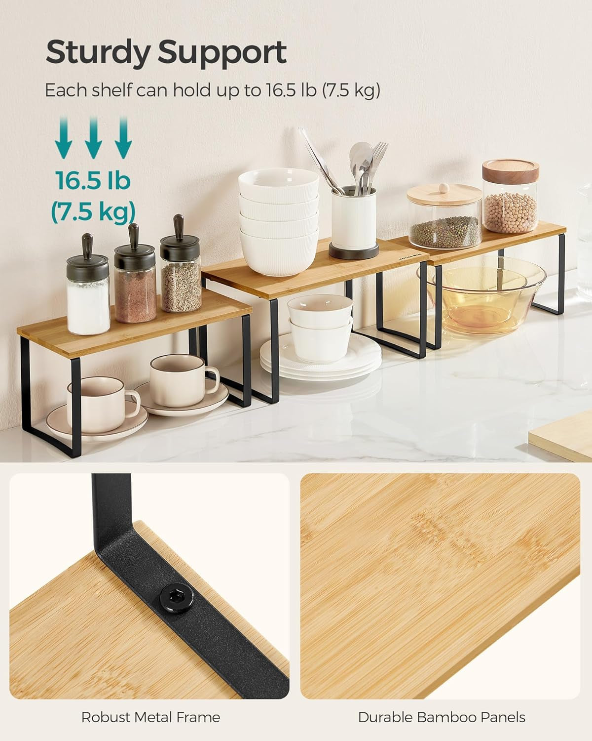 Cabinet Organizer Shelf, Set of 3 Kitchen Counter Shelves, Kitchen Storage, Spice Rack, Stackable, Expandable, Ink Black and Natural Beige UKCS014B01