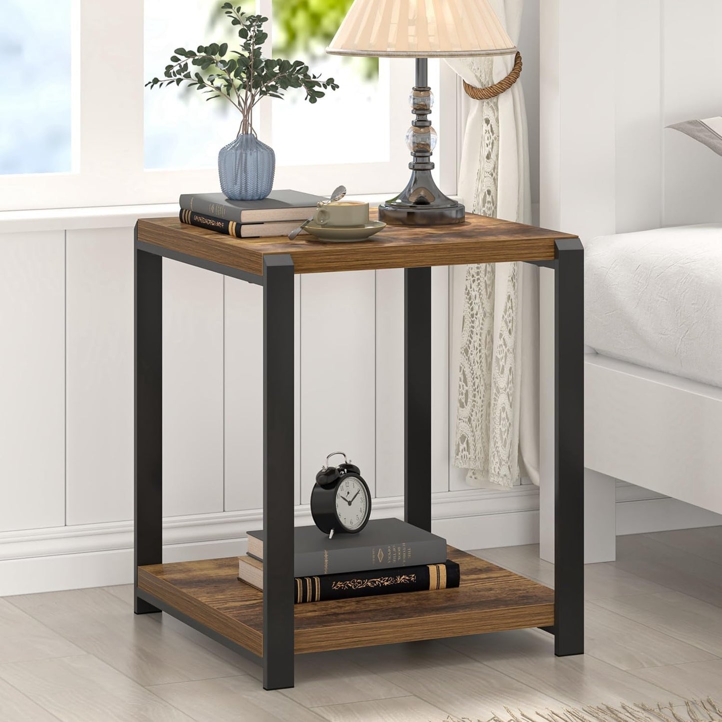 End Table with Storage Shelf, Modern Side Table for Living Room, Wood and Metal Bedside Table Nightstand, Rustic Brown