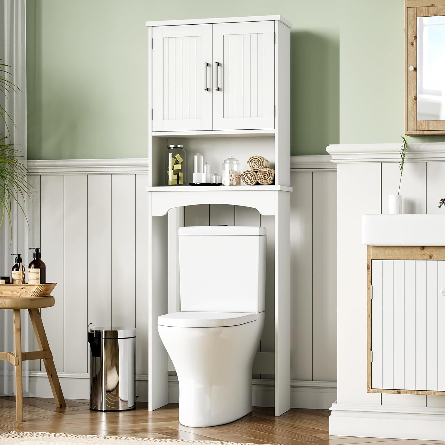 over the Toilet Storage Cabinet, Double Door Bathroom Storage Organizer with Anti-Tip Device, Small Freestanding Space Saver with Open Shelf，White