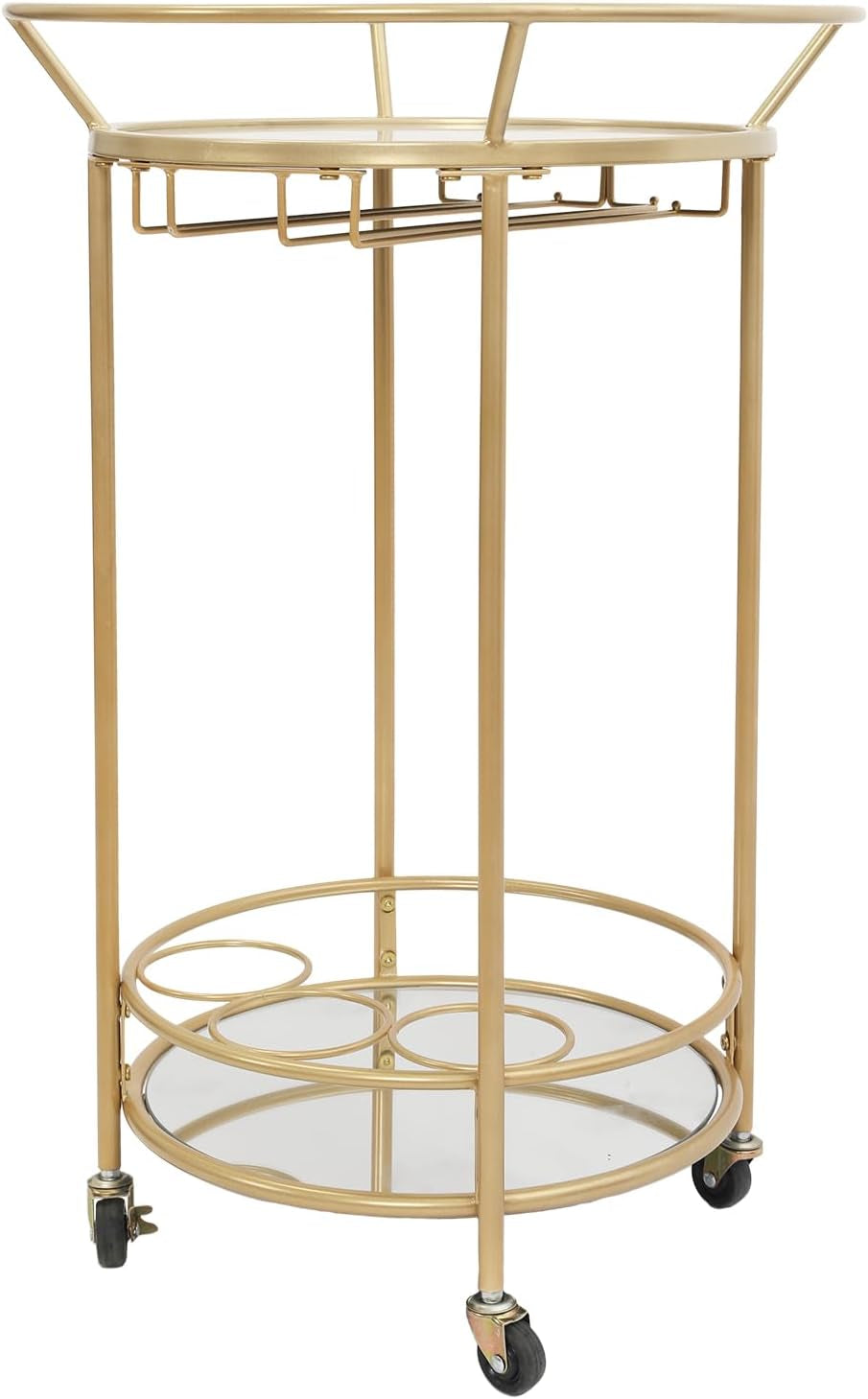 round Gold Rolling Bar Cart Wine Rack and Lockable Casters,2 Mirrored Shelves Serving Cart for Kitchen, Club, Living Room