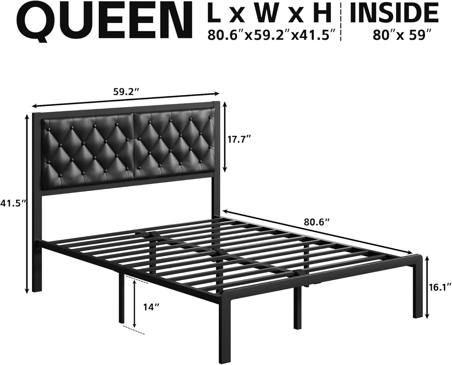 Queen Bed Frame with Headboard PU Leather Upholstered Bed Frame Platform,All Metal Slats Support Platform Bed Frame with Storage Space,Easy Assembly,Noise Free,No Box Spring Needed,Black
