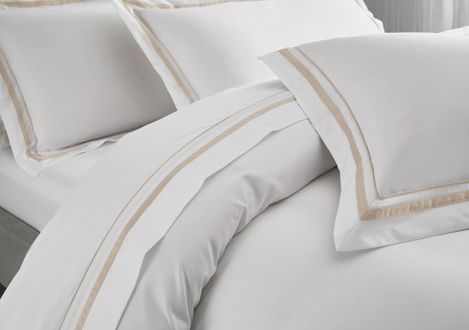 White Pillow Shams King Size Set of 2, 100% Cotton 400TC Sateen Luxury Hotel Pillow Cases, Pipping Oxford Pillowcases with Envelope Closure for Bedding Linen, 20X36 Inches (White with Khaki)