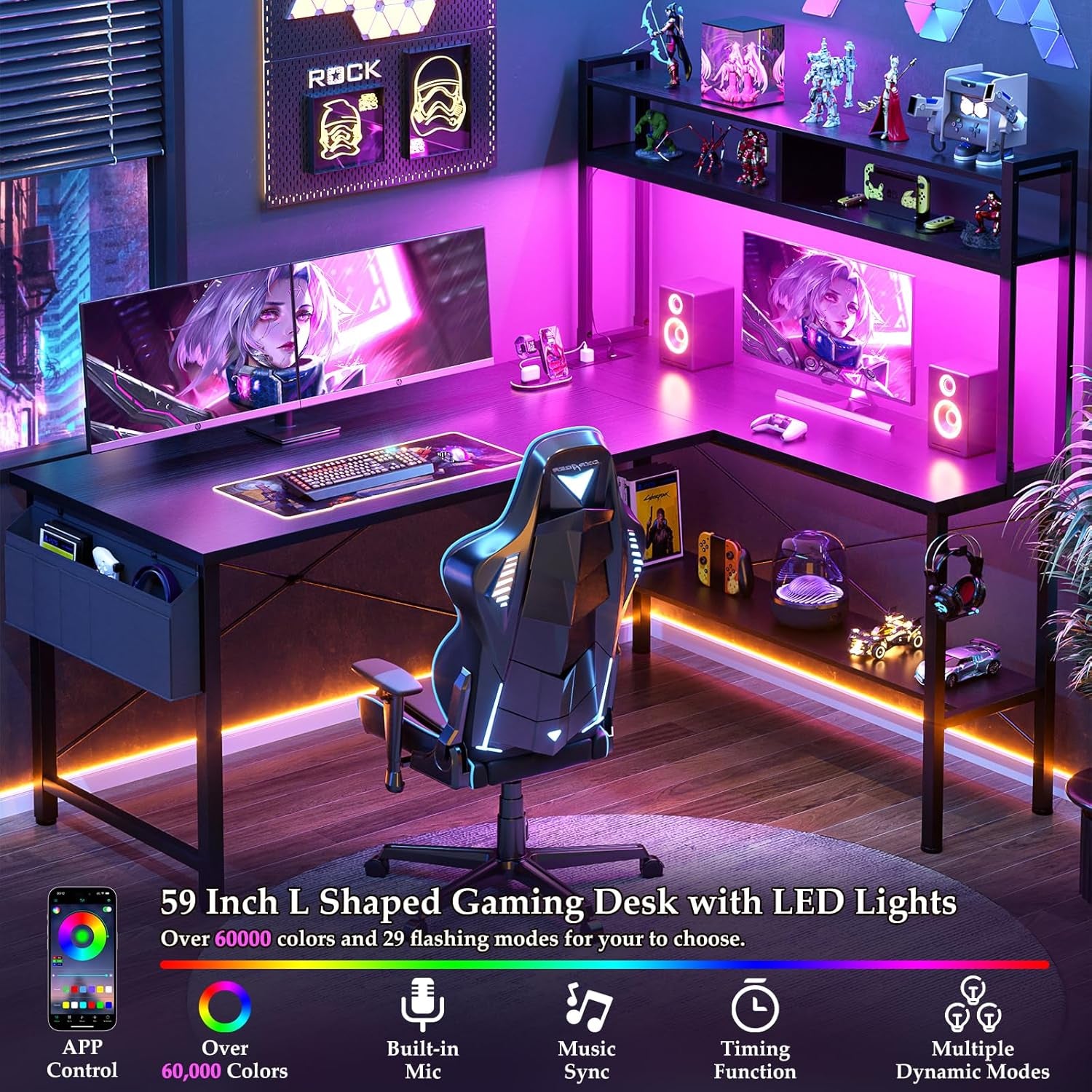 L Shaped Desk Gaming Desk, 59" L Shaped Computer Desk with LED Light & Power Outlet, Reversible Home Office Desk Gamer Desks with Shelves & Storage Bag & Hooks, Corner PC Desk, Black
