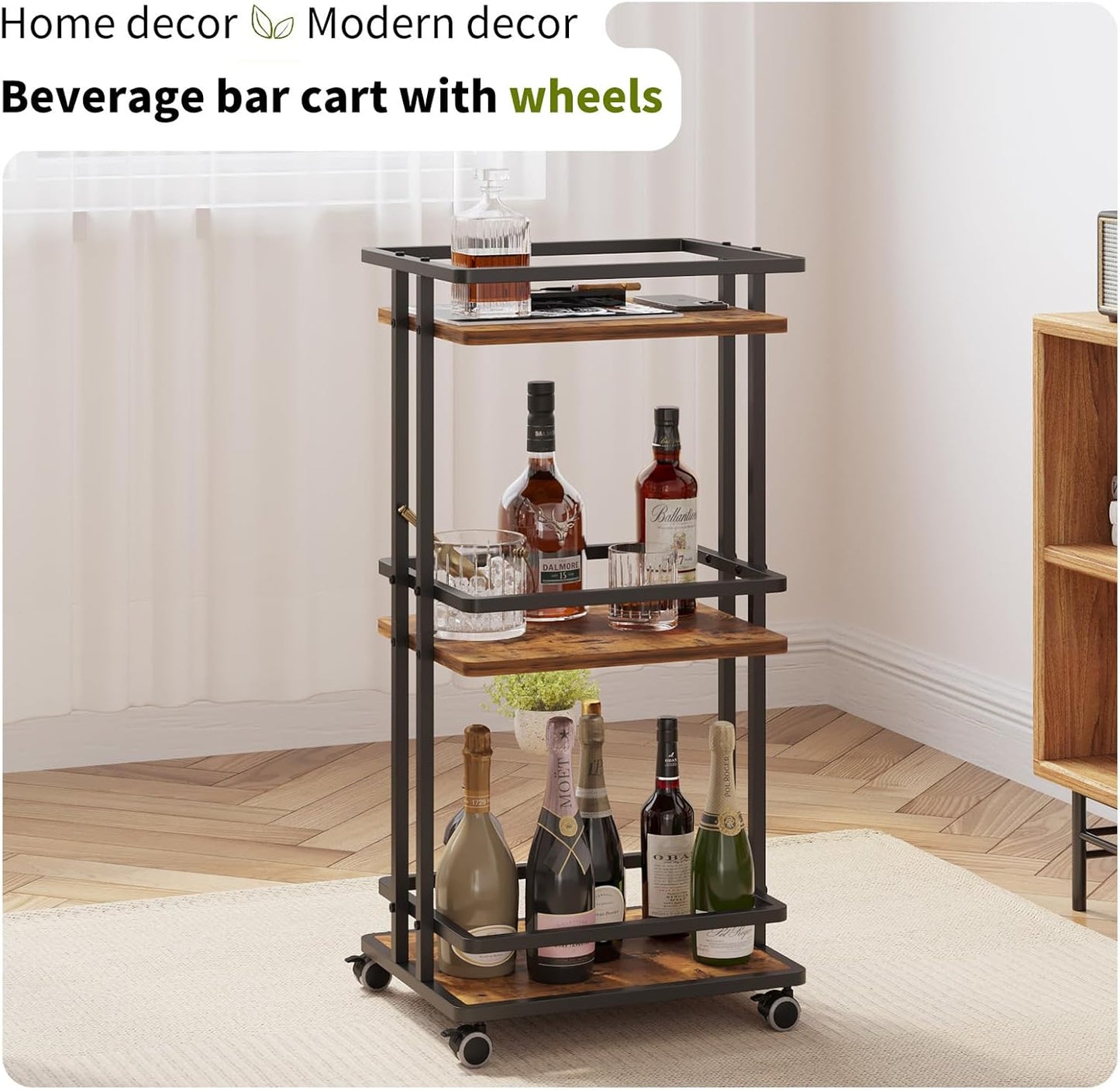 Bar Carts for the Home with Wheels, 3 Tier Beverage Bar Cart with Storage Shelves, Coffee Bar Cabinet for Your Home Entertainment