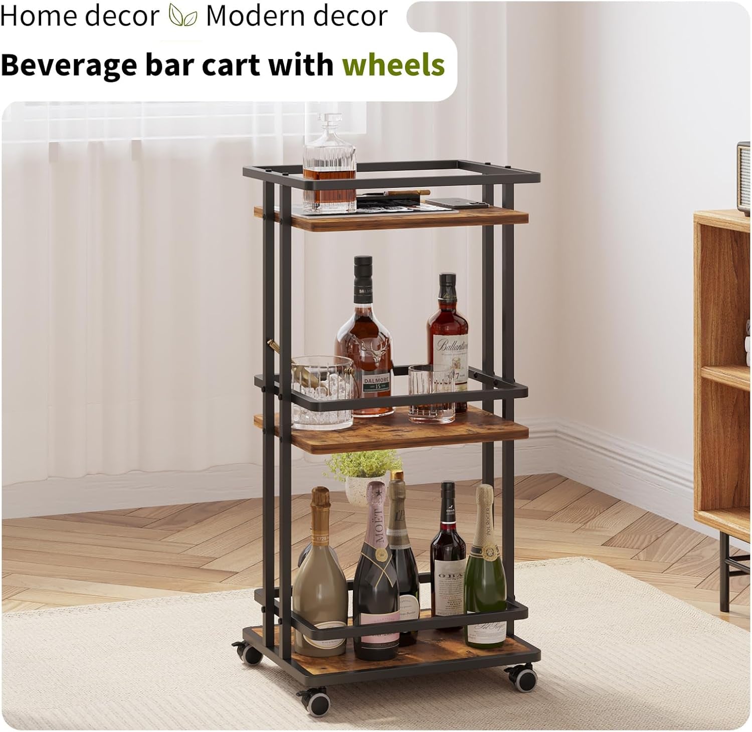 Bar Carts for the Home with Wheels, 3 Tier Beverage Bar Cart with Storage Shelves, Coffee Bar Cabinet for Your Home Entertainment
