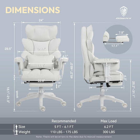 Big and Tall Office Chair with Pocket Spring Cushion,High Back Computer Gaming Chairs with Adjustable Armrests and Lumbar Support,Executive Desk Chairs with Footrest(Pu Leather,White)