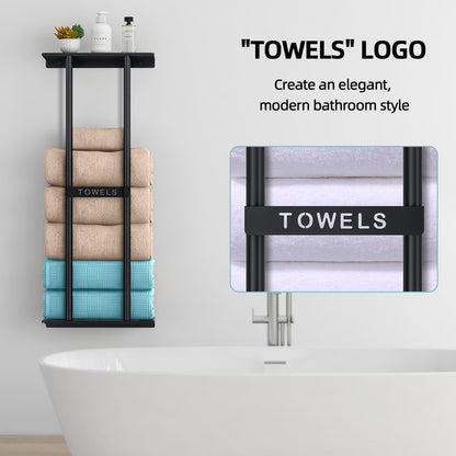 Towel Racks for Bathroom, Bathroom Towel Storage Wall Mounted 30 Inch with Shelf Can Holds 6 Large Towels, Wall Towel Rack for Rolled Towels, Black