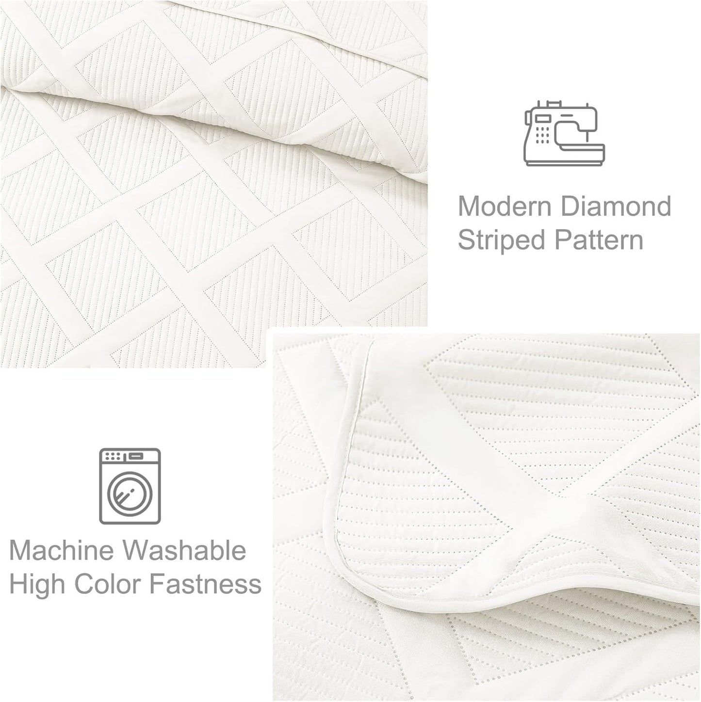 King Quilt Set- White Quilts Bedding Set with 2 Pillow Shams, Modern King Bedspread with Striped Pattern, Soft Lightweight Bedspreads Coverlets for All Seasons