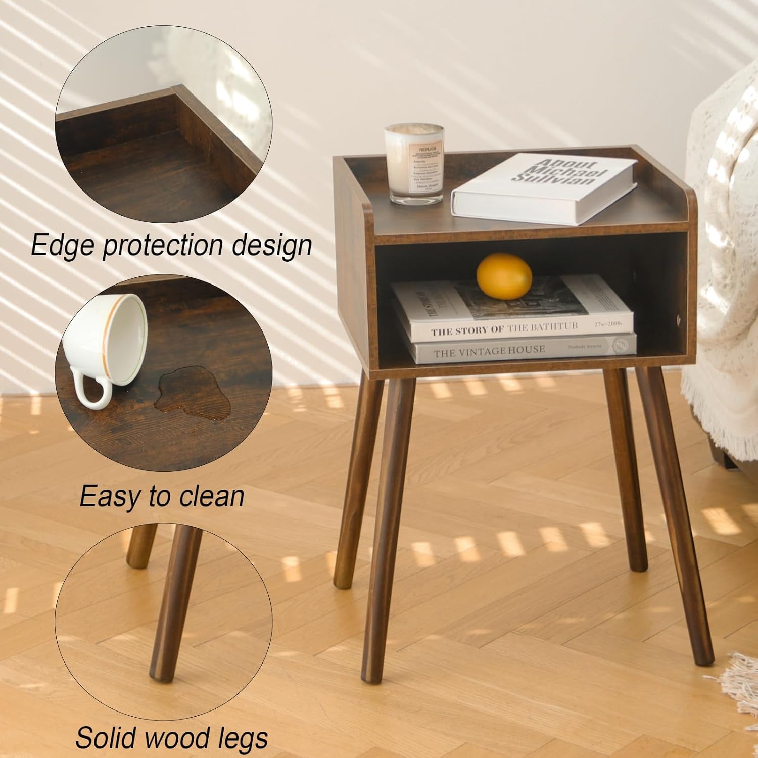 Nightstand, Mid Century Modern Side Table Bedroom with Storage, Small End Bedside Table with Solid Wood Legs for Living Room, Office Small Spaces (Rustic Brown)