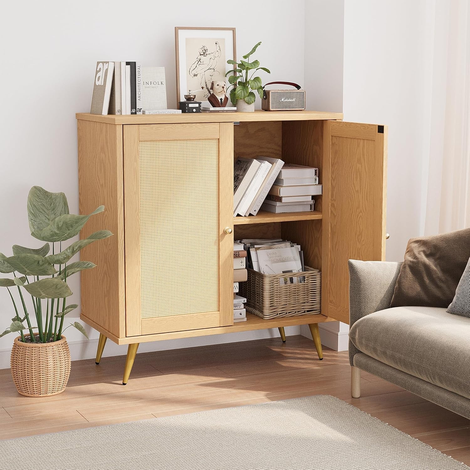 Rattan Buffet Cabinet with Storage, Sideboard Buffet Cabinet with Rattan Decor Doors, Modern Wood Cupboard for Kitchen Living Room Dining Room Hallway Entry, Natural