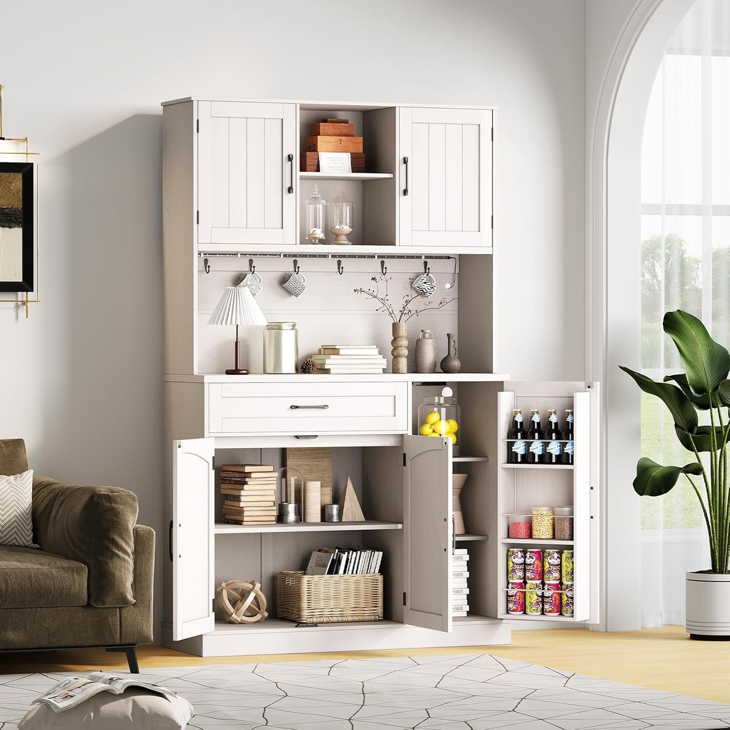 71" Pantry Cabinet, Kitchen Pantry Storage Cabinet with LED Light & Outlet, Kitchen Hutch with Microwave Shelf & 6 Hooks, Door Shelves & Drawer & Adjustable Shelves, for Dining Room
