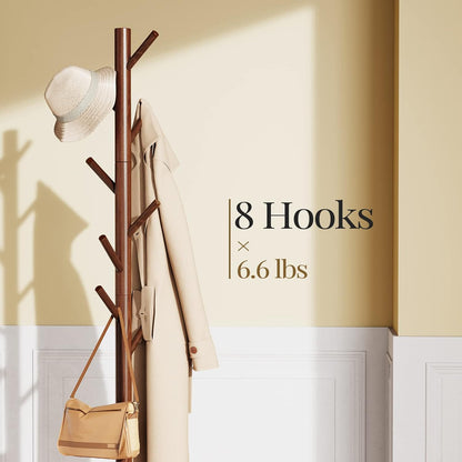 Sturdy Wooden Coat Tree with 8 Hooks, 3 Adjustable Sizes for Clothes, Hat Stand Used in Bedroom/Office/Entryway, Brown