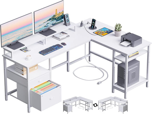 White 59” L Shaped Desk with Power Outlet, Reversible Computer Desk with File Drawer & 2 Monitor Stands, Corner Home Office Table with Storage Shelves for Gaming Writing