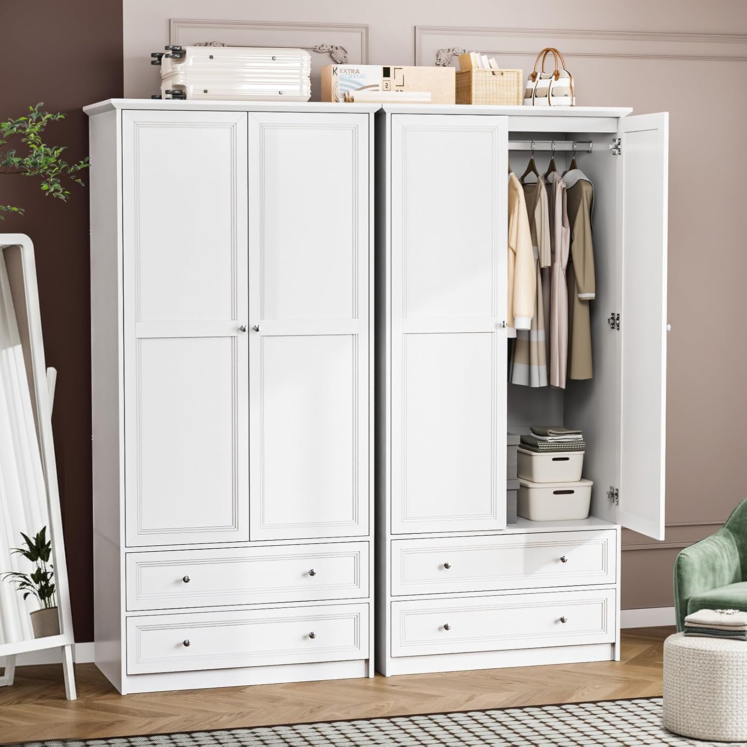 Wardrobe Closet with 2 Doors and 2 Drawers, 72" H Wardrobe Cabinet Closet, Freestanding Clothing Storage Cabinet, Wooden White Bedroom Armoire, Combination for Hanging Clothes