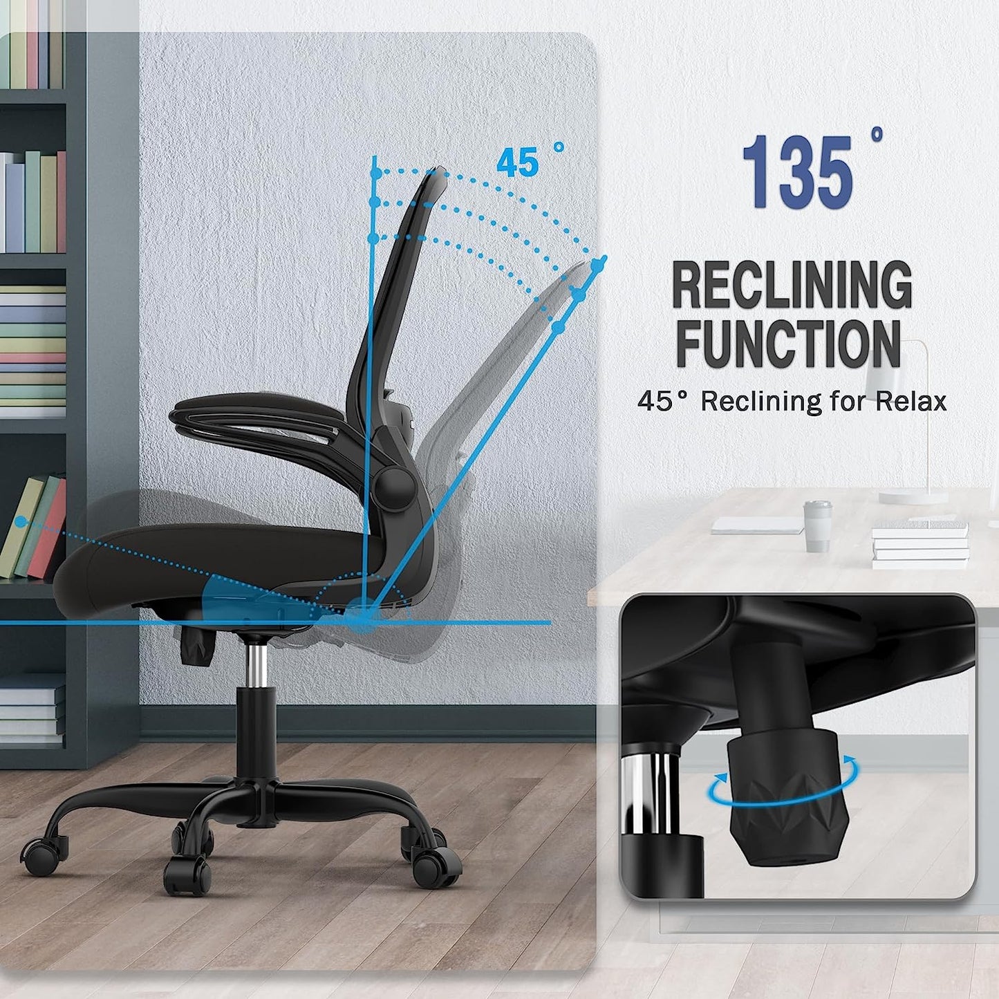 Ergonomic Office Chair - BIFMA Certified, Flip-Up Armrests & 135° Recline, Adjustable Lumbar Support - Space-Saving Task Chair for Business/Team Office & Home (Black, 300Lbs)