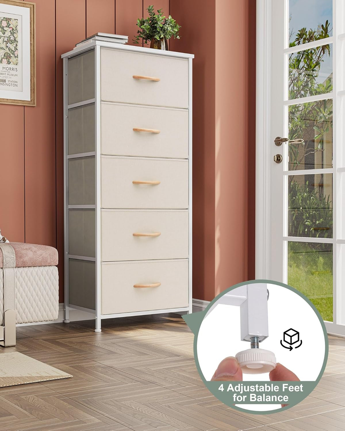 Vertical Dresser Storage Tower - Sturdy Steel Frame, Wood Top, Easy Pull Fabric Bins - Organizer Unit for Bedroom, Hallway, Entryway, Closets - 5 Drawers(Beige)