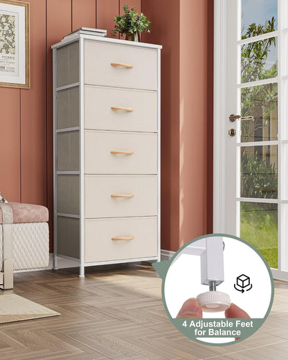 Vertical Dresser Storage Tower - Sturdy Steel Frame, Wood Top, Easy Pull Fabric Bins - Organizer Unit for Bedroom, Hallway, Entryway, Closets - 5 Drawers(Beige)