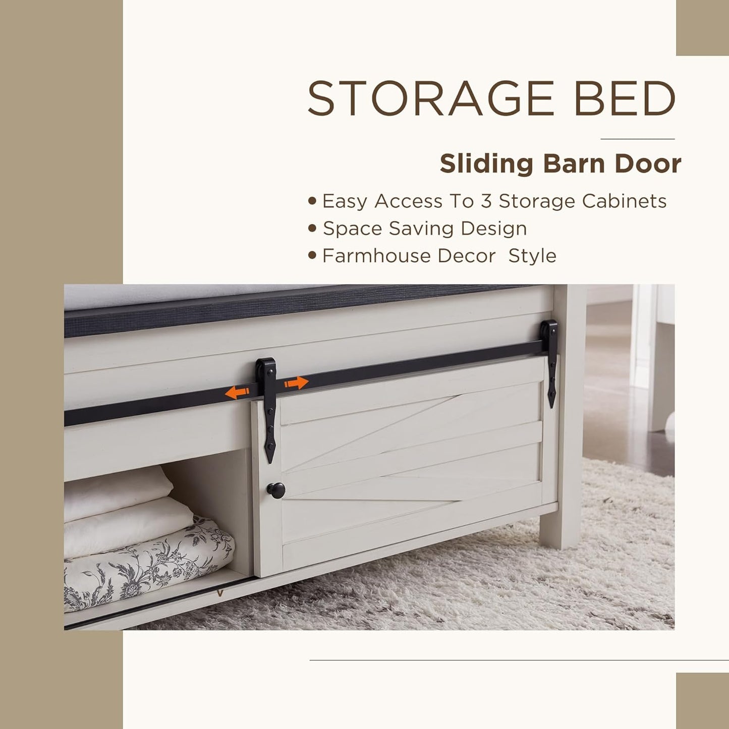 Farmhouse Wood Bed Frame Queen Size with Sliding Barn Door Storage Cabinets and Headboard, Solid Wood Slats Support, Noiseless, No Box Spring Needed, Antique White