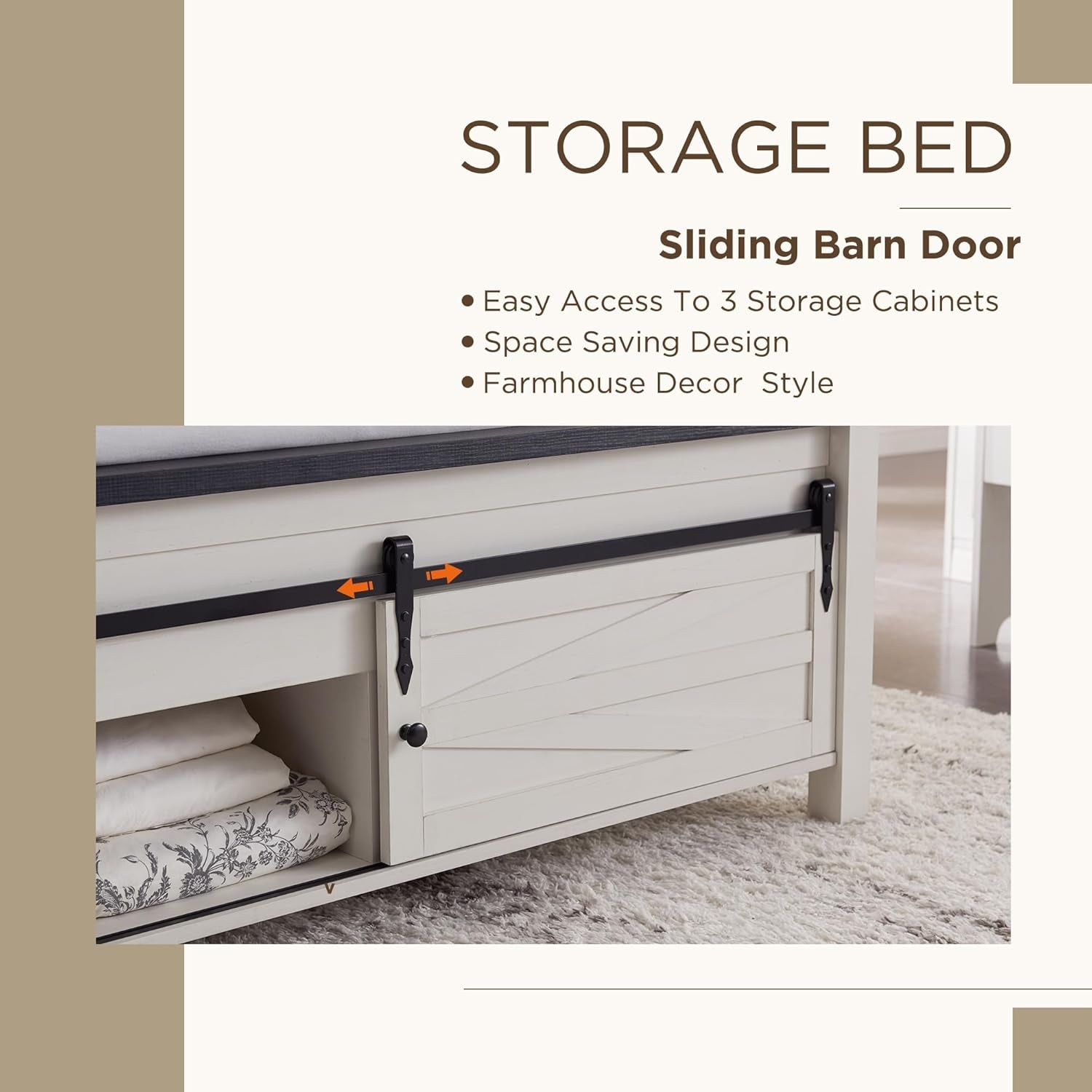 Farmhouse Wood Bed Frame Queen Size with Sliding Barn Door Storage Cabinets and Headboard, Solid Wood Slats Support, Noiseless, No Box Spring Needed, Antique White