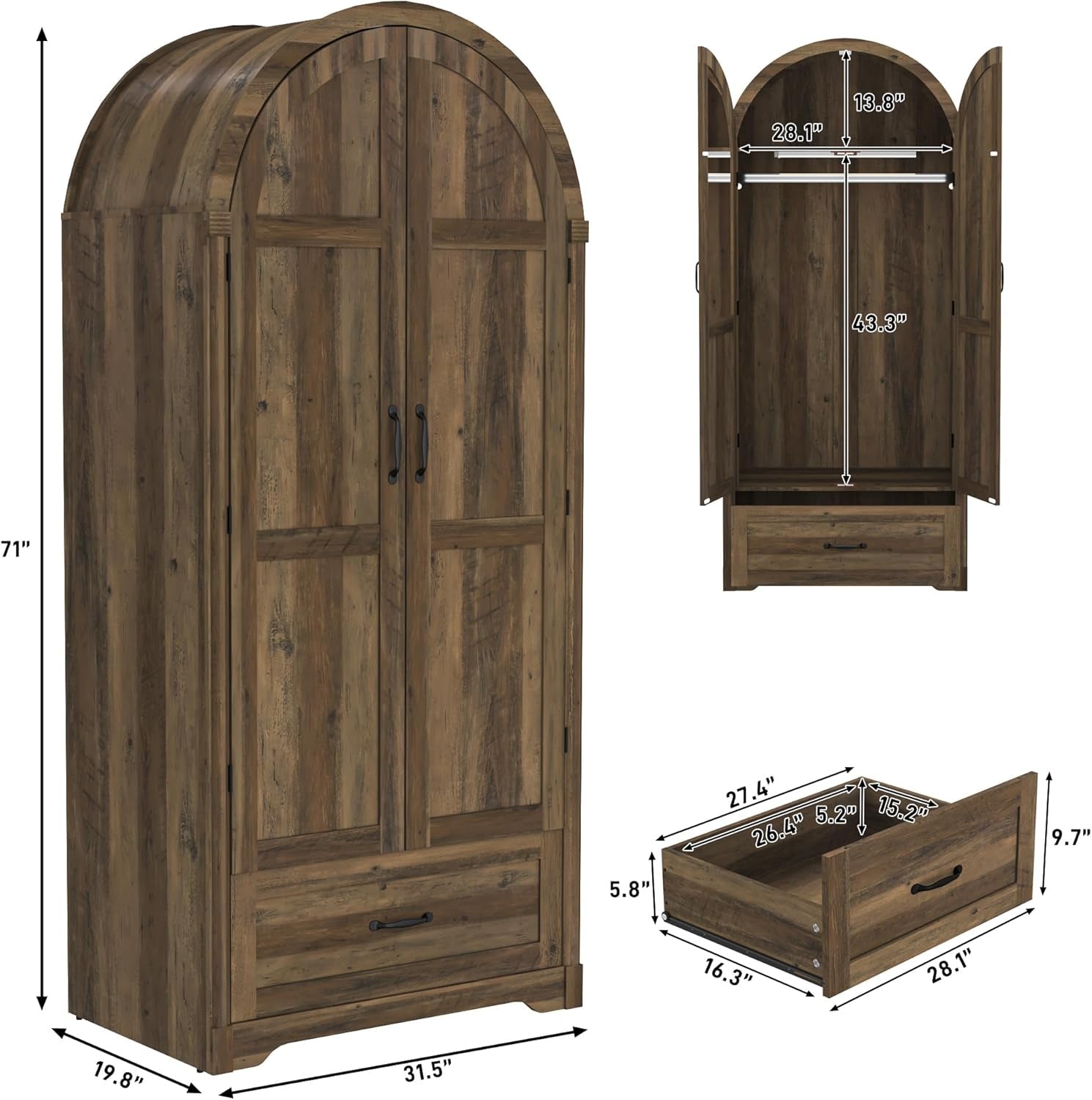 2 Doors  with Mirror and Lights, 71" Farmhouse Arched Wooden Wardrobe Cabinet with Drawers,Hanging Rod, Clothing Storage Closet Cabinet for Bedroom,Light Rustic Oak