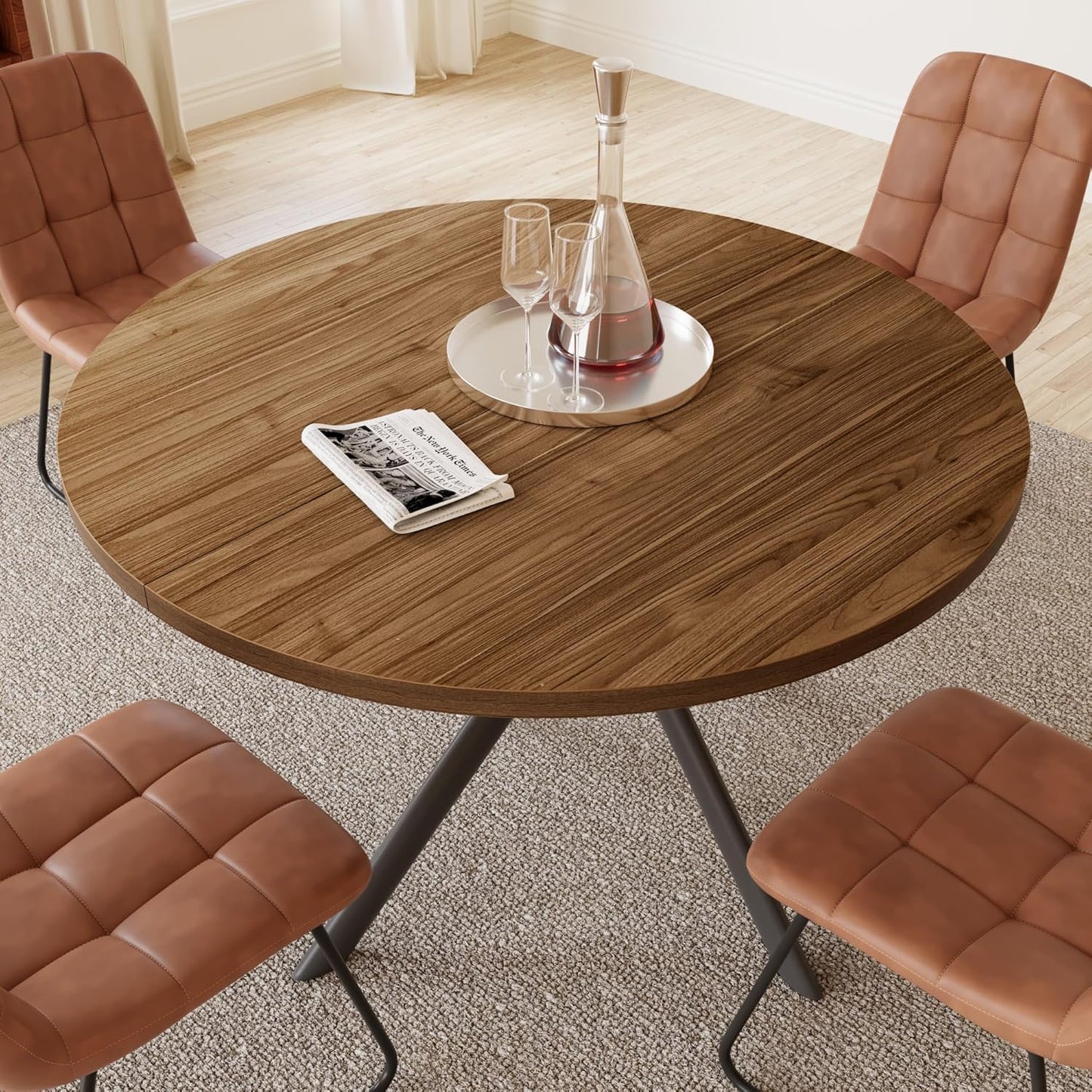 45.3 Inch round Dining Table Set for 4, Mid Century Modern Small Coffee Set for Dining Room Kitchen Apartment (Light Walnut + 4 U-Shaped Brown Chairs)