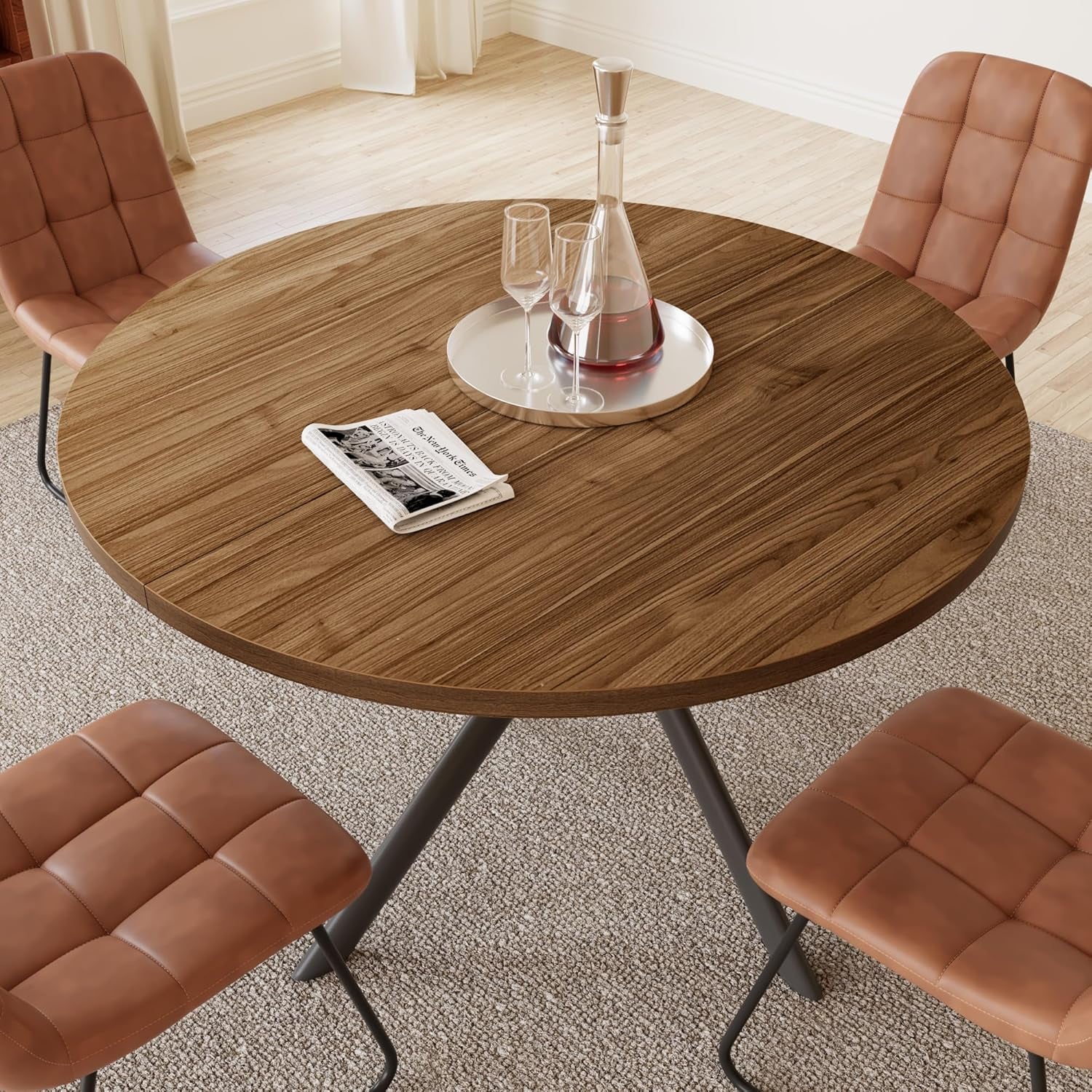 45.3 Inch round Dining Table Set for 4, Mid Century Modern Small Coffee Set for Dining Room Kitchen Apartment (Light Walnut + 4 U-Shaped Brown Chairs)