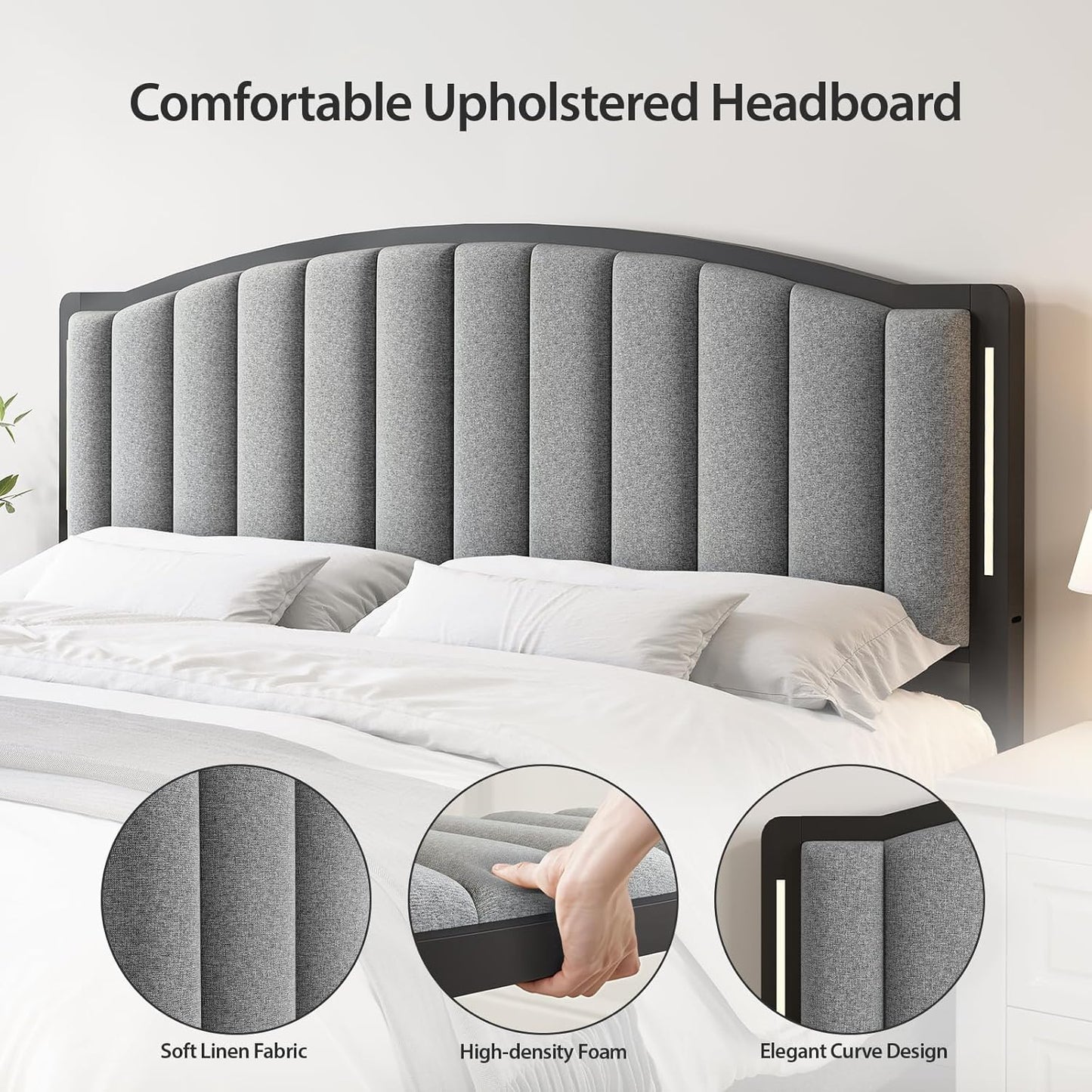 Headboard for Queen Size Bed with LED Lights, Upholstered Vertical Channel Tufting Head Boards, Linen Fabric Bed Headboard Only, Attach Frame, Ideal for Bedroom, Dorm, Guest Room, Grey
