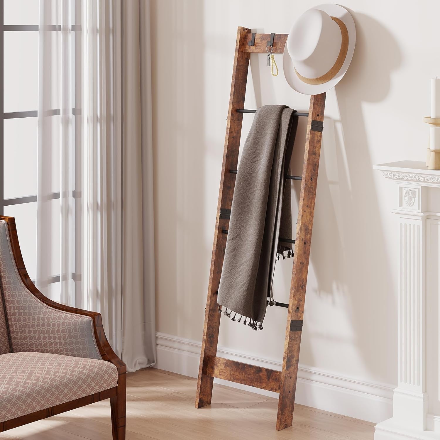 6 Tier Blanket Ladder Shelf for Living Room and Bedroom, Ladder Holder with 4 Metal Hooks, 5.2Ft Blanket Quilt Holder Rack, Farmhouse Ladder Rack for Storage and Home Decor, Rustic Brown