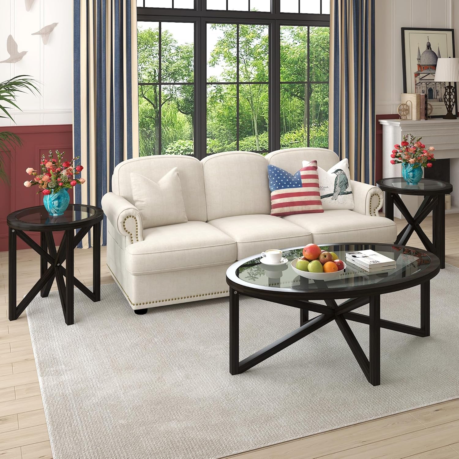Modern Black Tempered Glass Side Table,Round End Table with Tempered Glass Top and Solid Wood Base.Simple & Modern round Table,Small Glass Tea Table for Living Room,Apartment,22.13In(Black)
