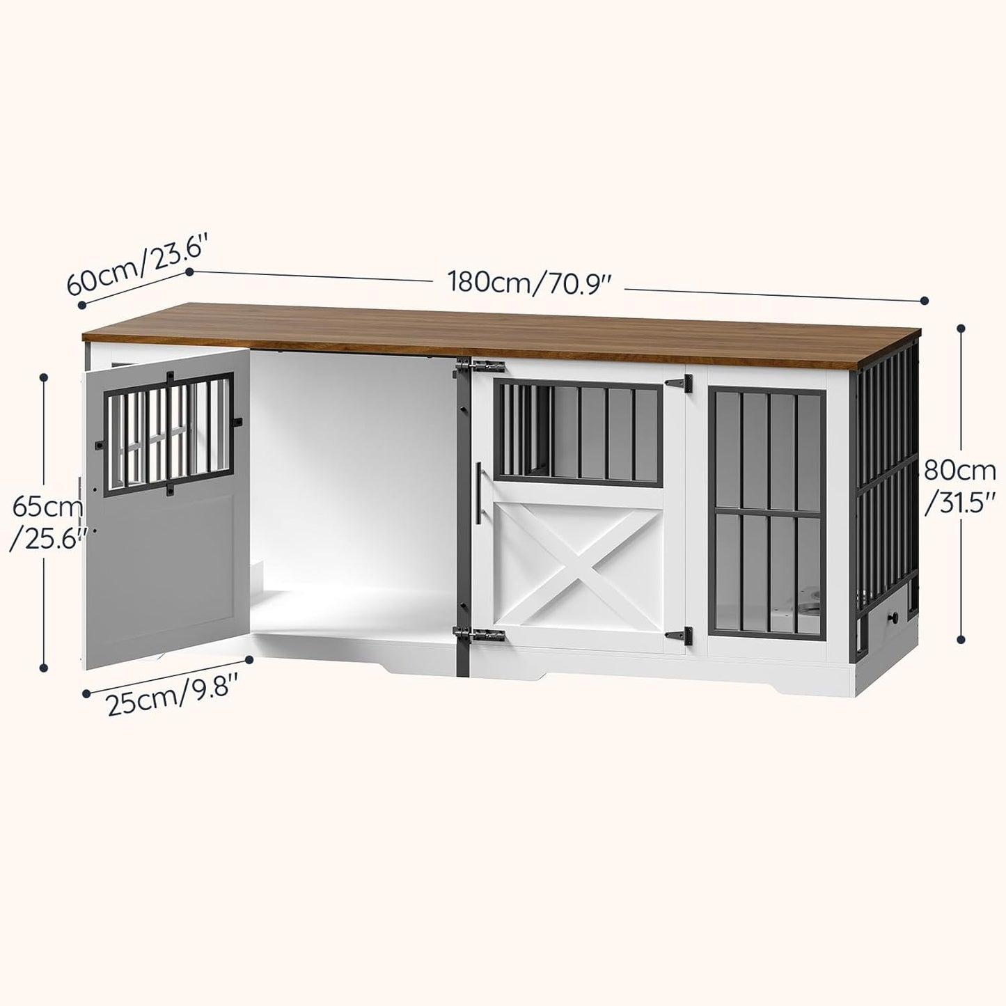 72'' Dog Crate Furniture for 2 Dogs, Extra Large Farmhouse Dog Kennel with Removable Divider, Pull-Out Dog Bowls, Heavy Duty Dog Crate TV Stand, White and Walnut BWH82GW03