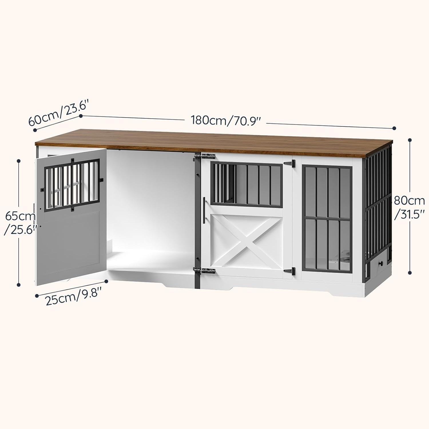 72'' Dog Crate Furniture for 2 Dogs, Extra Large Farmhouse Dog Kennel with Removable Divider, Pull-Out Dog Bowls, Heavy Duty Dog Crate TV Stand, White and Walnut BWH82GW03