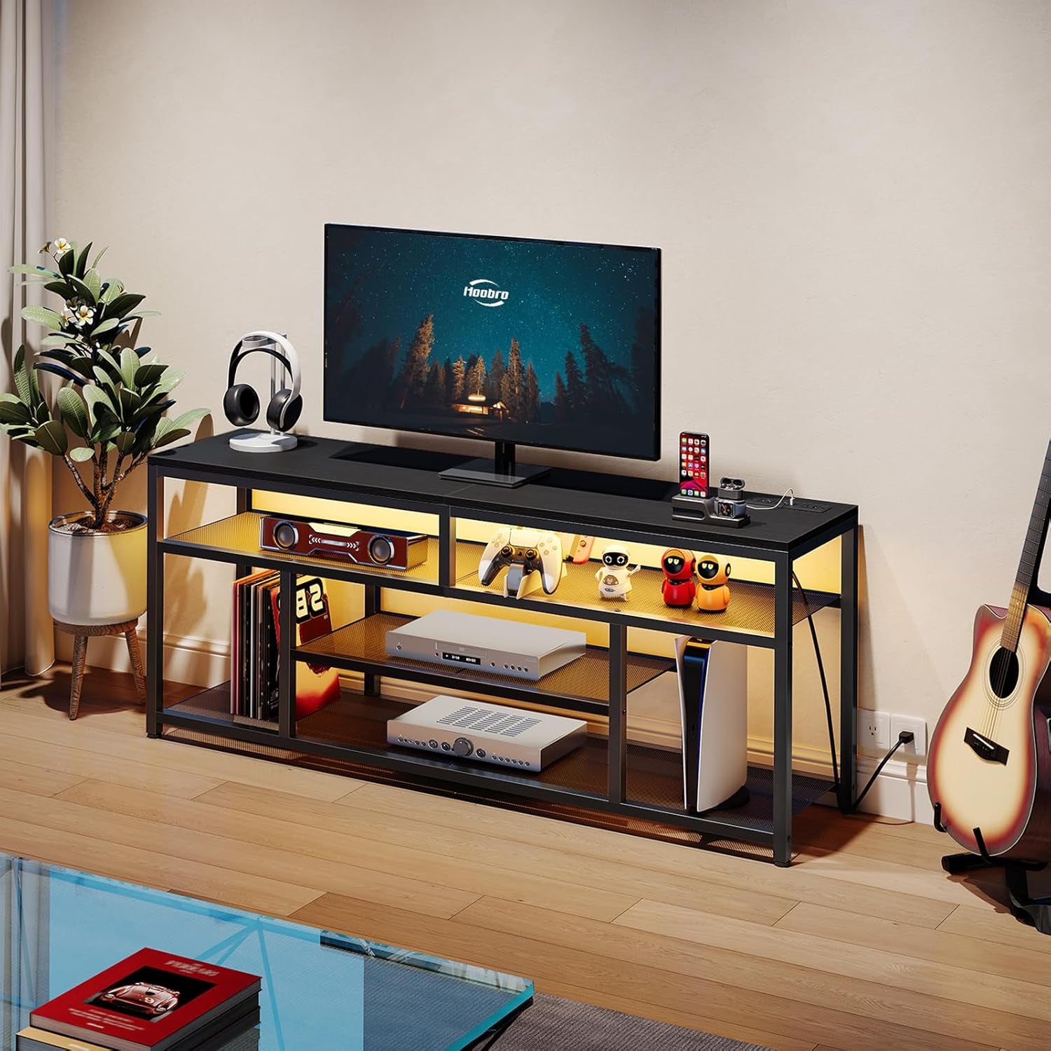 LED TV Stand with Charging Station, 4-Tier Entertainment Gaming Center, Modern Media Console Table, Open Shelves, 55.1"L X 13.8"W X 26.2"H, for Tvs up to 65", for Living Room, Black BB47UDDS01