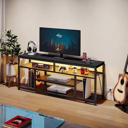 LED TV Stand with Charging Station, 4-Tier Entertainment Gaming Center, Modern Media Console Table, Open Shelves, 55.1"L X 13.8"W X 26.2"H, for Tvs up to 65", for Living Room, Black BB47UDDS01