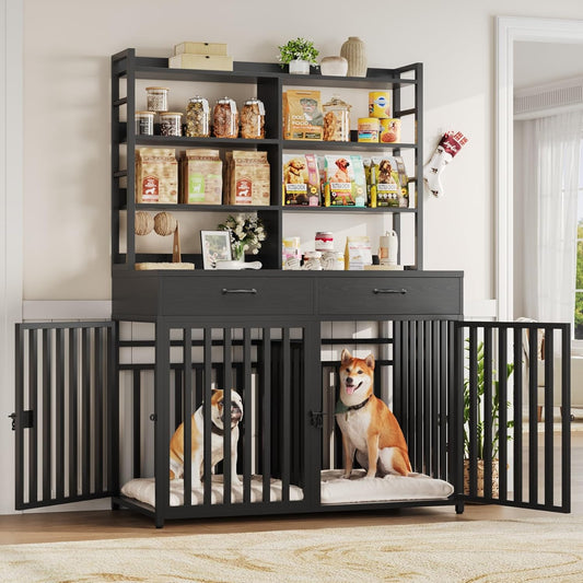 71''H X 47.2''W Large Dog Crate Furniture with 4-Tier Shelves and 2 Storage Drawers, Heavy Duty Dog Cage Furniture with 2 Doors, Wood & Metal Dog Kennel Indoor for Small/Medium/Large Dog, Black