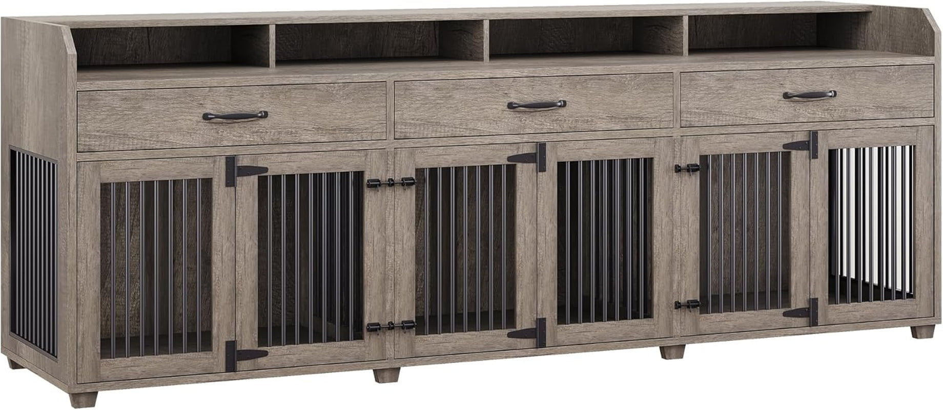 95" Large Dog Crate Furniture with Storage, 3-Room Indoor Wooden Dog Kennel for Large/Medium Dogs, TV Stand & Sideboard with Drawers & Removable Divider, Grey