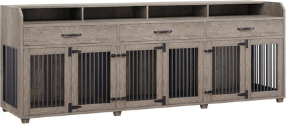 95" Large Dog Crate Furniture with Storage, 3-Room Indoor Wooden Dog Kennel for Large/Medium Dogs, TV Stand & Sideboard with Drawers & Removable Divider, Grey