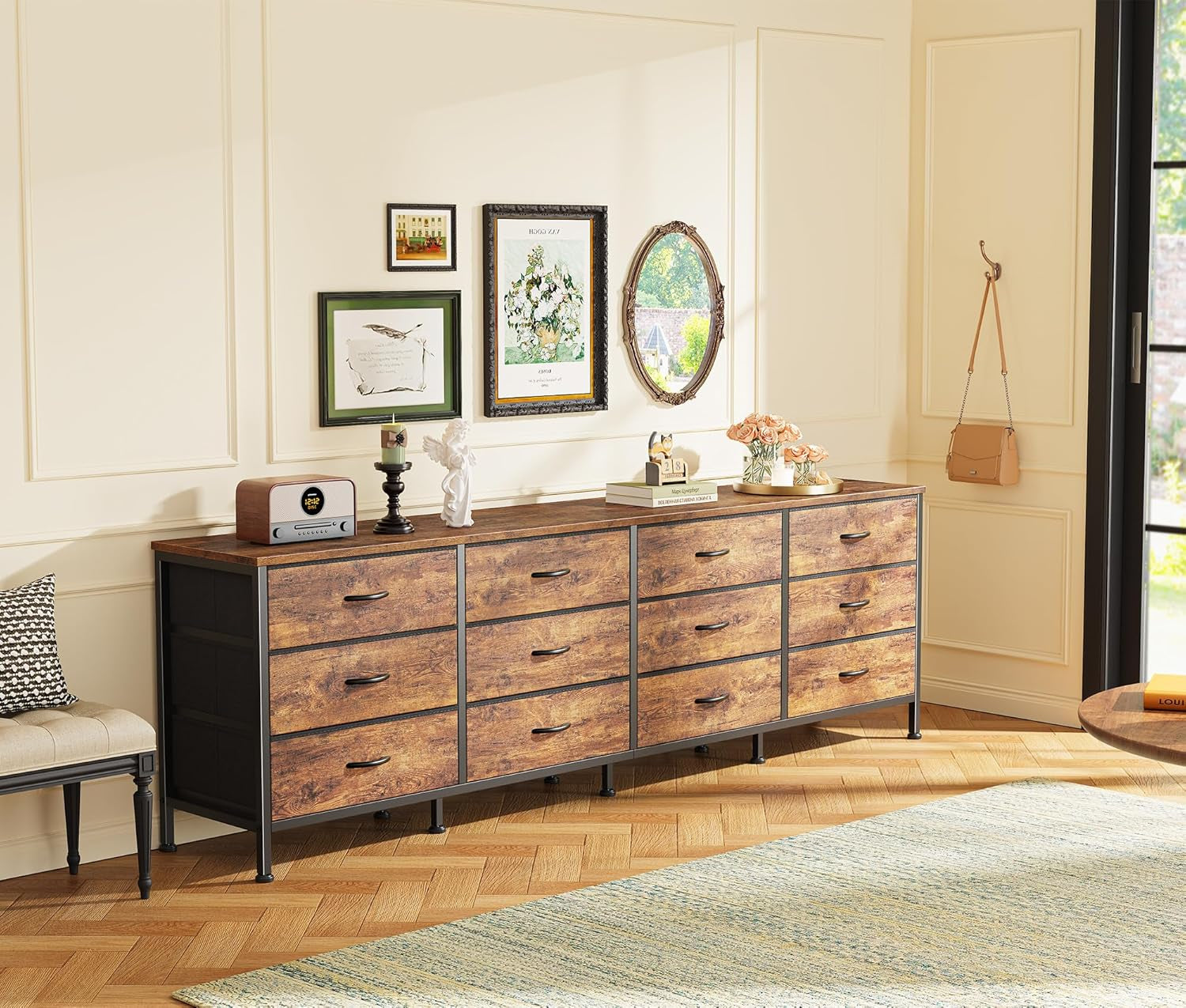 70 Inch Dresser for Bedroom, TV Stand for 65, 75, 80 Inch TV, 12 Fabric Drawer Long Dresser, Large Entertainment Center for Bedroom, Wide Chest of Drawer with Storage, Rustic Brown