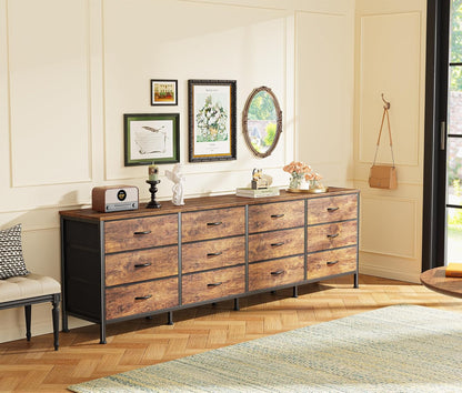 70 Inch Dresser for Bedroom, TV Stand for 65, 75, 80 Inch TV, 12 Fabric Drawer Long Dresser, Large Entertainment Center for Bedroom, Wide Chest of Drawer with Storage, Rustic Brown