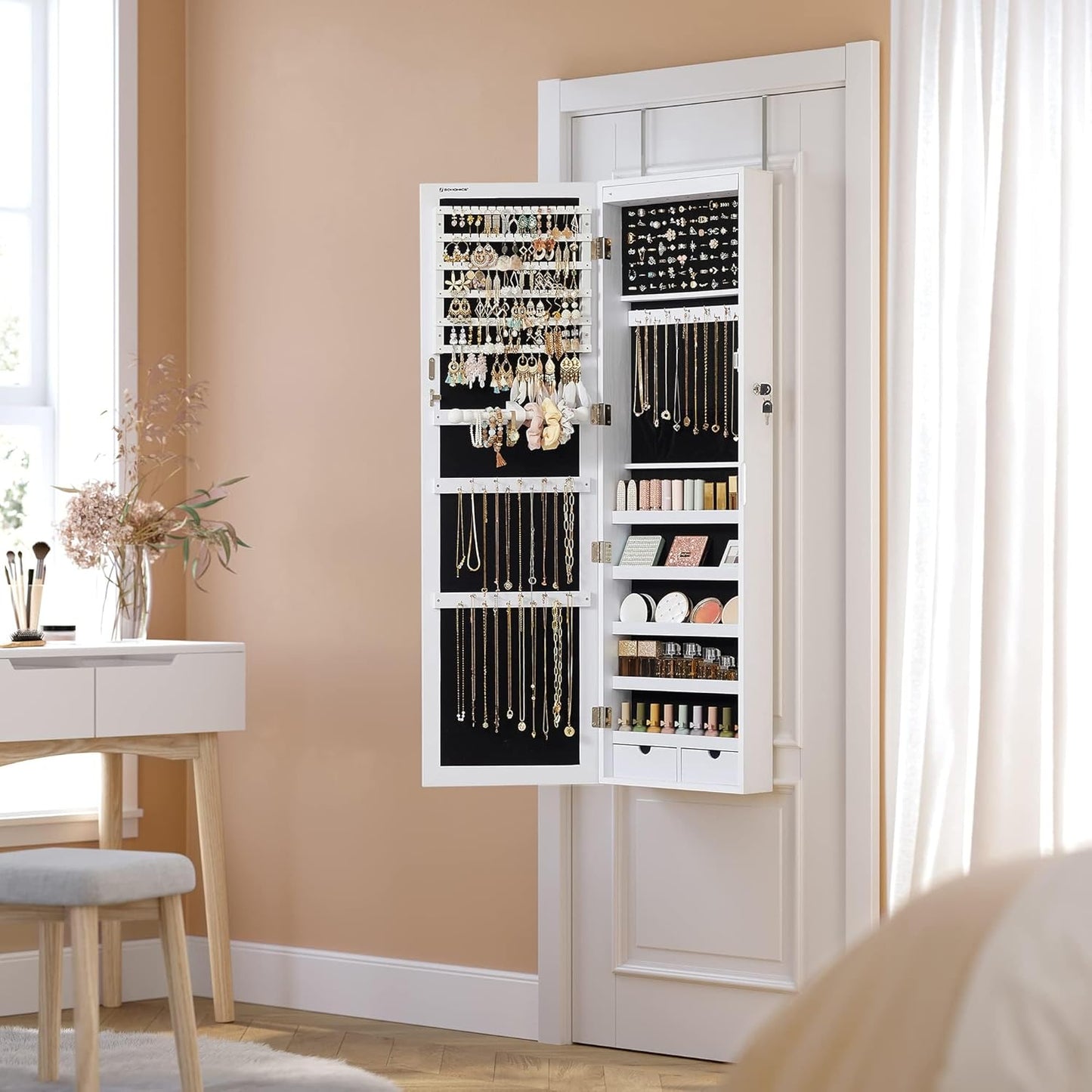 6 Leds Mirror Jewelry Cabinet, 47.2-Inch Tall Lockable Wall or Door Mounted Jewelry Armoire Organizer with Mirror, 2 Drawers, 3.9 X 14.6 X 47.2 Inches, White UJJC93W